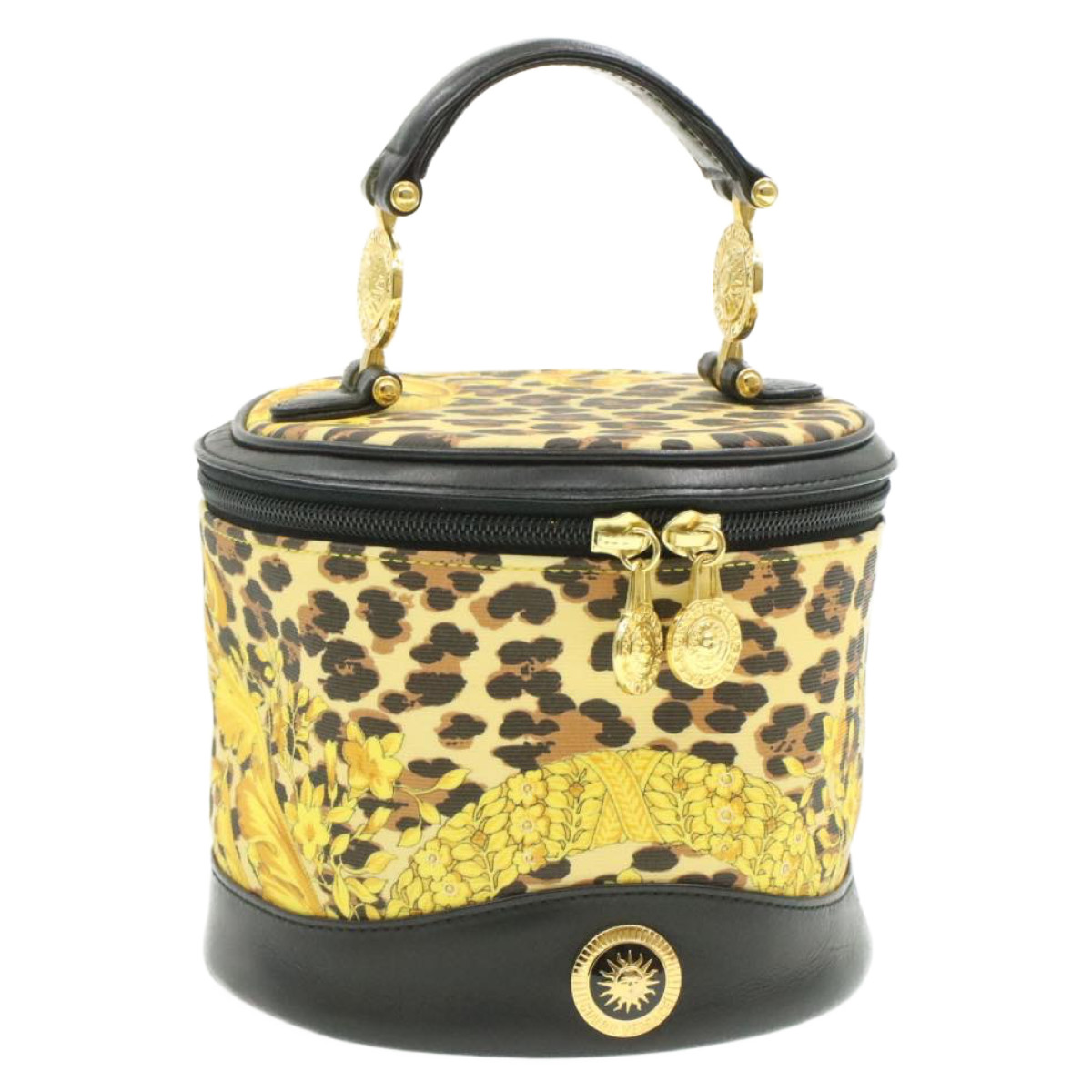 GIANNI VERSACE Sun Face Vanity Hand Bag Black Yellow PVC Leather Auth ...
